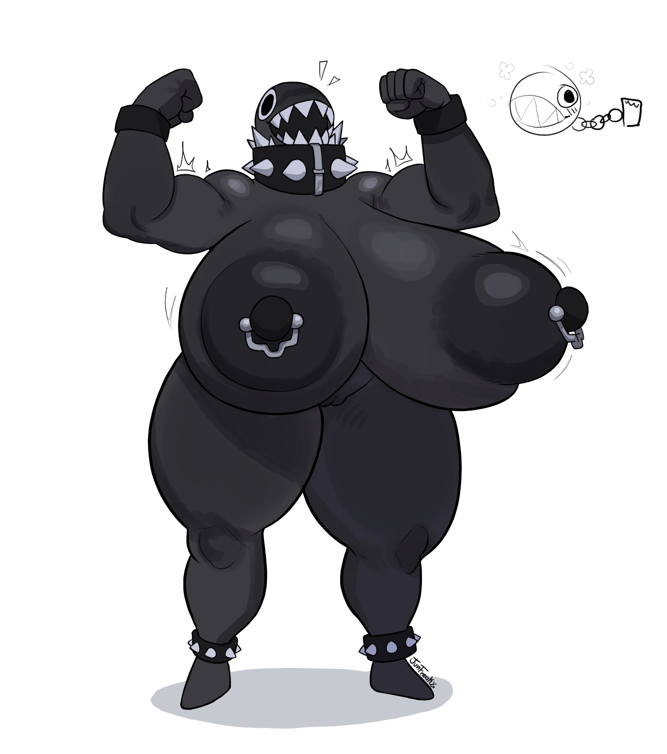 big areola, big breasts, big nipples, black body, bracelets, chain chomp, fan character, gigi (thecoatl034), junfreaky, mario (series), massive breasts, monster, muscles, muscular female, nintendo, nipple piercing, piercing, pussy, pussy peek, sharp teeth, spiked bracelet, spiked collar, strong female, thick thighs, unrealistic proportions