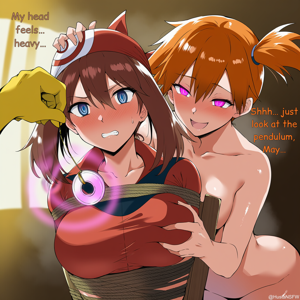 ahegao, ai art, ai generated, blush, bondage, brainwashing, breast grab, drool, empty eyes, femsub, happy trance, husta, hypno, hypnosis, hypnotic eyes, large breasts, may (pokemon), mind control, misty, misty (pokemon), nintendo, nude, pendulum, pokemon, pokemon rgby, pokemon rse, rope, spiral eyes, sweat, team rocket, tied