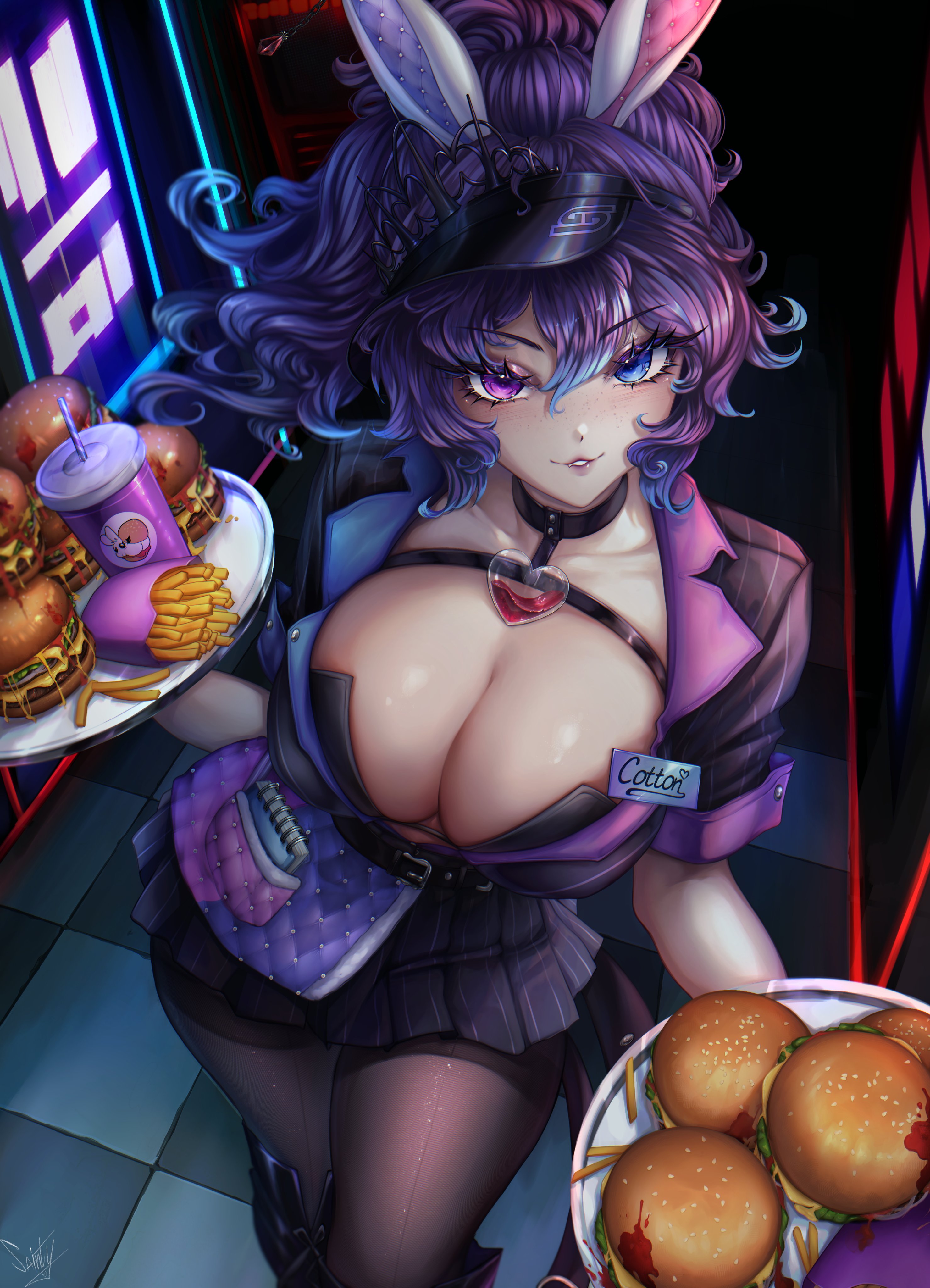 1girl, 1girls, absurdres, animal ears, big breasts, black choker, black dress, black pantyhose, blue eyes, blue hair, breasts, burger, checkered floor, cheese, chest harness, choker, cleavage, commentary, cottontail (vtuber), cup, dress, drinking straw, english commentary, female, food, freckles, french fries, gradient hair, hair between eyes, harness, heterochromia, highres, indie virtual youtuber, large breasts, looking at viewer, massive breasts, multicolored hair, pale skin, pantyhose, plate, ponytail, purple eyes, purple hair, rabbit ears, rabbit girl, sainty, short sleeves, solo, thighs, tits, virtual youtuber, visor cap, vtuber, waitress