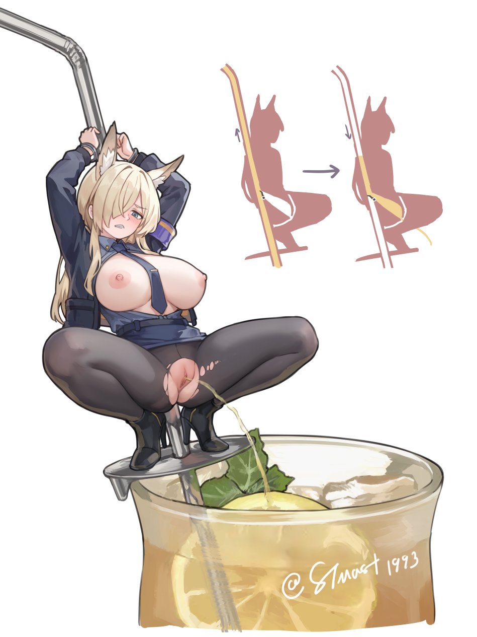 1girls blue_archive breasts breasts_out dog_ears dog_girl drink kanna_(blue_archive) peeing police_uniform sexy_pose stmaster straw tagme