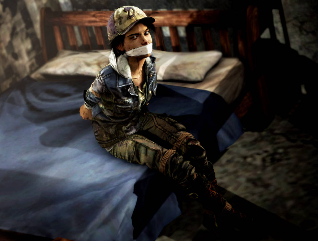 1girls 3d 3d_(artwork) angry angry_face ankles_tied arms_behind_back arms_tied arms_tied_behind_back baseball_cap bed bed_sheet bound brown_eyes brown_hair captured captured_heroine clementine_(the_walking_dead) clothed clothing covered_mouth female female_focus female_only gag gagged hat headwear jacket legs_tied light-skinned_female light_skin looking_away pillow rope rope_bondage sitting sitting_on_bed skyripe solo_female solo_focus the_walking_dead the_walking_dead:_the_final_season the_walking_dead_game