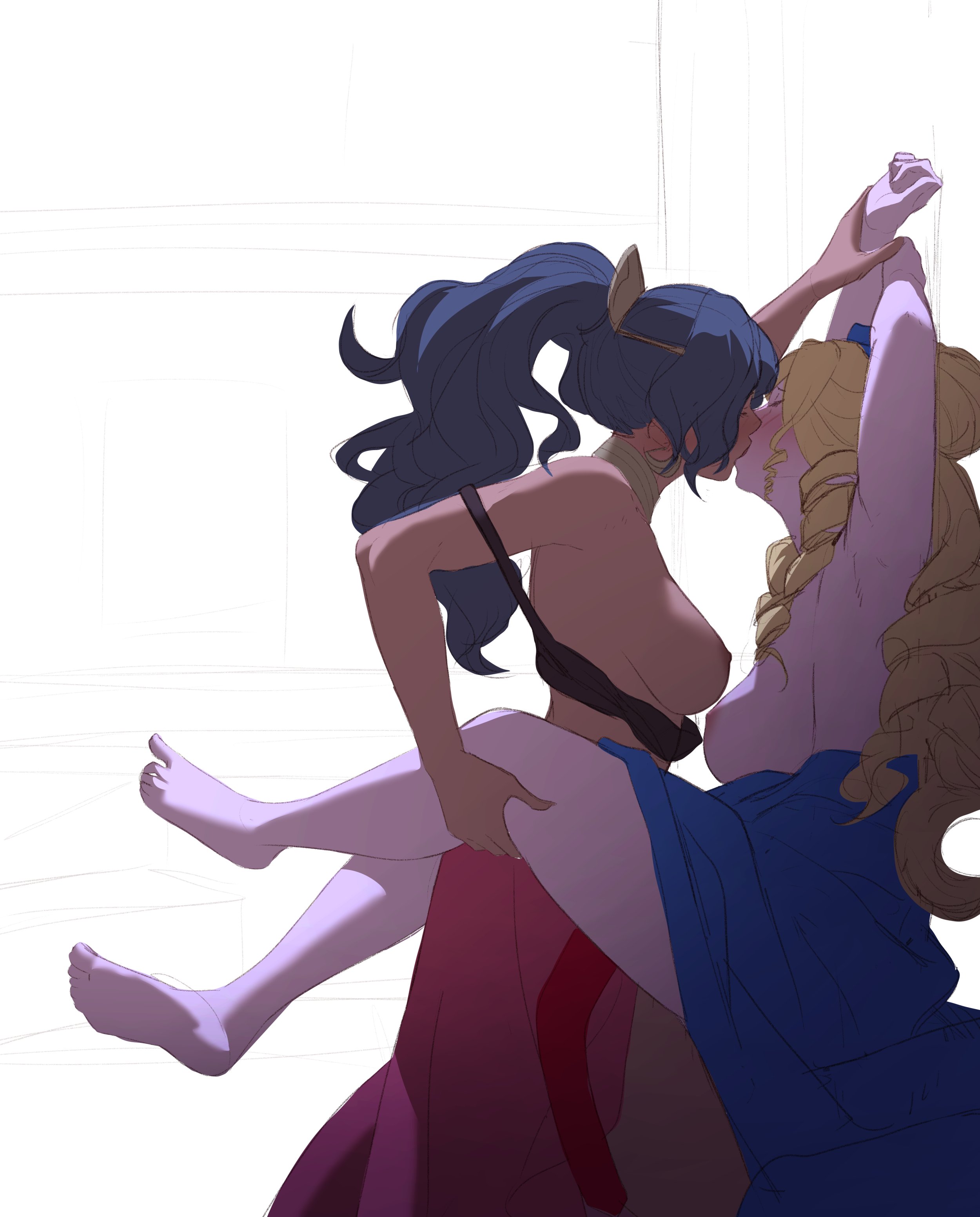 2girls, areolae, barefoot, breasts, dark skin, dark-skinned female, feet, female, female only, fire emblem, fire emblem: fortune's weave, half-dressed, kissing, leda (fire emblem), lesbian kiss, light skin, light-skinned female, nintendo, nipples, olympia, pomelomelon, yuri