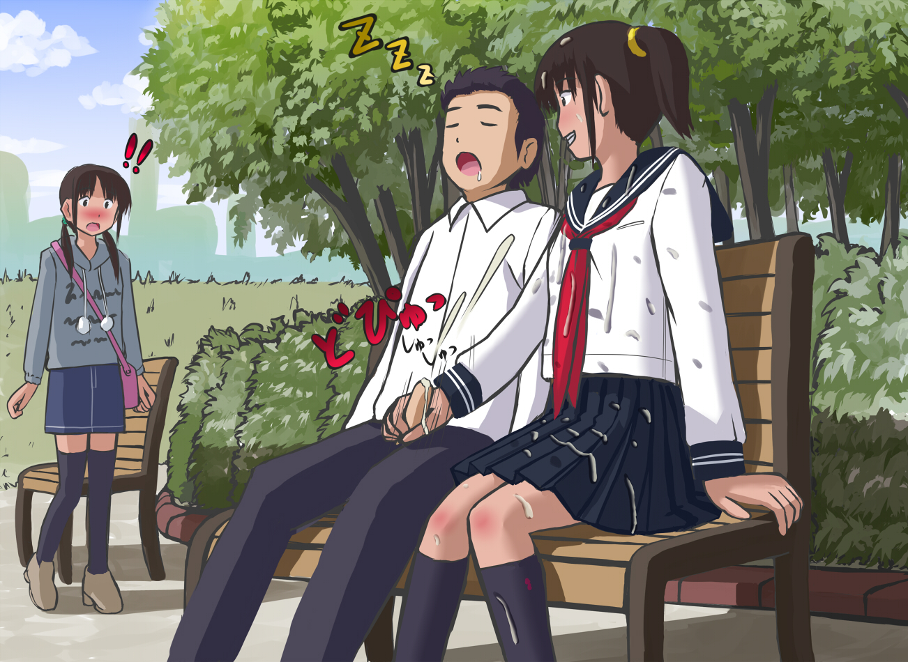 !!, 1boy, 2girls, bukkake, cum, cumshot, ejaculation, female, g yukishiro, grin, handjob, male, masturbation, multiple females, multiple girls, original, outdoors, penis, pleated skirt, school uniform, serafuku, sitting, skirt, small penis, small penis adoration, smile, surprised, uniform
