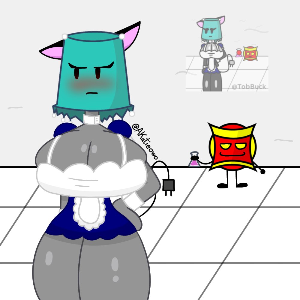 akatieowo battle_for_fucking big_breasts blue_dress cat_ears choker electrical_plug_tail lampy_(battle_for_fucking) maid maid_uniform object_shows redraw tobbuck_(battle_for_fucking)