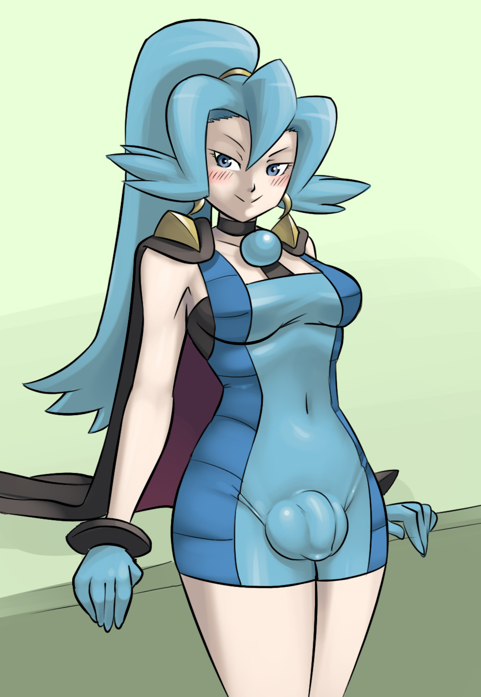 1futa 1girls balls blue_eyes blue_hair blush breasts bulge clair_(pokemon) cleavage dress flaccid futa_only futanari hourglass_figure human human_only intersex minigun_(artist) nintendo penis penis_under_clothes penis_under_dress pokemon skin_tight testicles tight_clothes