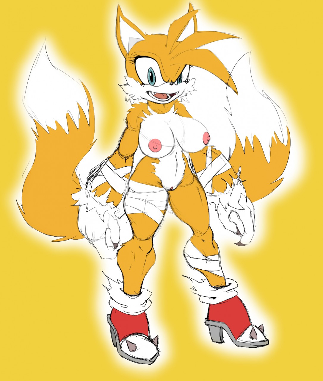 1girl 1girls 2016 2016s 2_tails anthro areola areolae armwear bandages breasts canid canine canis claws crossgender curvy erect_nipples exposed_torso female female_focus female_only footwear fox fur furry furry_female genderswap genderswap_(mtf) hair high_heels highres huge_breasts large_breasts mammal miles_prower miles_tails_prower mostly_nude mtf_crossgender multi_tail multiple_tails naked_footwear nipples nude orange_body orange_fur pussy rule63 rule_63 sega slashysmiley solo sonic_(series) sonic_the_hedgehog_(series) soulteam spiked_heels spikes tail tails tails_the_fox tailsko were werefox white_body white_fur