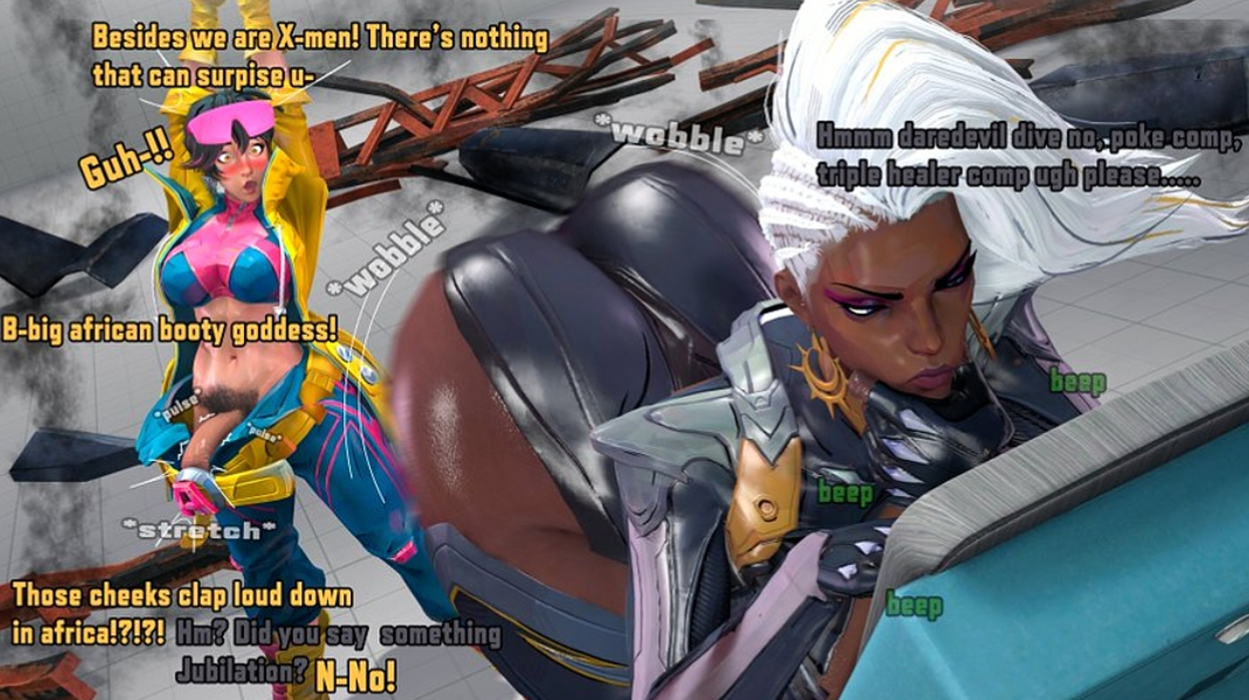 1futa, 1girls, 3d, ass, ass awe, ass size talk, big ass, big penis, black female, comic, female, futa on female, futa with female, futanari, huge ass, huge bulge, huge penis, interracial, jubilation lee, jubilee, jubilee (marvel rivals), marvel, marvel comics, marvel rivals, ororo munroe, penis, raceplay, size talk, storm (marvel rivals), storm (x-men), text, theboobedone, x-men