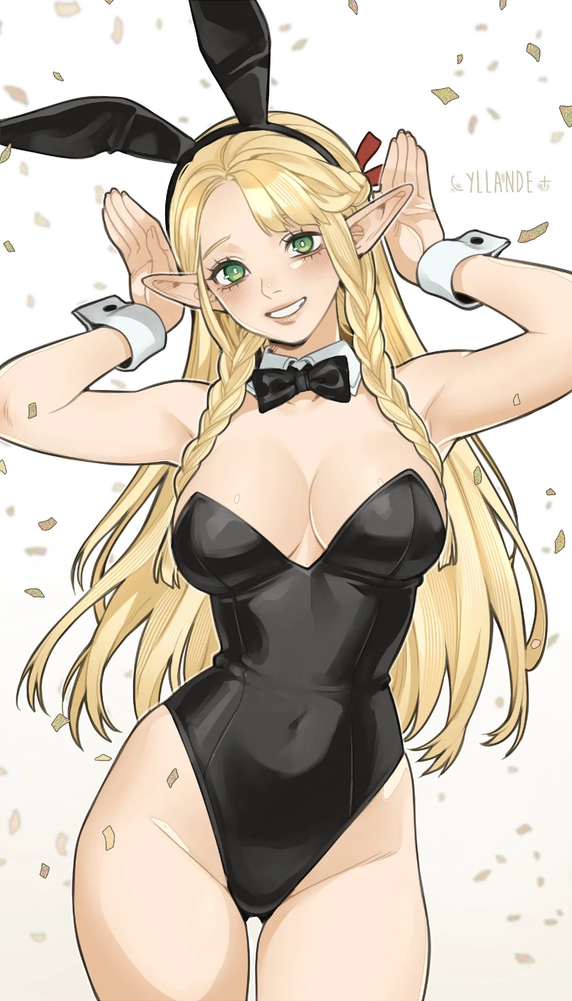 1girls, 2d, 2d (artwork), 2d artwork, adult, adult female, anime, anime character, arm up, armpit, armpit crease, armpit peek, armpits, arms up, ass visible from the front, ass visible through thighs, background, baddie, bare armpits, bare arms, bare chest, bare hands, bare hips, bare legs, bare shoulders, bare skin, bare thighs, belly button, bewitching thighs, big boobs, big breasts, black bowtie, black bunny ears, black bunnysuit, black hairband, black leotard, black topwear, blank background, blonde, blonde eyebrows, blonde female, blonde hair, blonde hair female, blonde-haired female, bowtie, braid, braided hair, braided sidelock, braids, breasts, bunny costume, bunny ears, bunny pose, bunnygirl, bunnygirl outfit, bunnysuit, busty, busty female, busty girl, child bearing hips, cleavage, collar, collarbone, confident, confident expression, confident female, confident pose, confident smile, confident stare, cowboy shot, crown braid, curvaceous, curvaceous body, curvaceous female, curvaceous figure, curvaceous hips, curvy, curvy body, curvy female, curvy figure, curvy hips, digital, digital art, digital drawing, digital drawing (artwork), digital media, digital media (artwork), drawing, dungeon meshi, elbows, elf, elf ear, elf ears, elf female, elf girl, erotic pose, exposed armpits, exposed arms, exposed chest, exposed hips, exposed legs, exposed shoulders, exposed skin, exposed thighs, eye-level view, fanart, female, female elf, female focus, female only, female protagonist, fertile, fertile hips, fingernails, fingers, from front, front view, green eyes, green-eyed female, groin, hair ribbon, hair tie, hairless armpits, half elf, hand up, hands up, hi res, high res, high resolution, highres, hip dips, hourglass figure, inguinal crease, inguinal ligament, knees out of frame, large boobs, large breasts, lascivious, lean figure, leotard, lip gloss, lips, lipstick, long hair, looking at viewer, main character, manga character, marcille donato, mature, mature female, mature woman, monotone background, narrow waist, navel, one color background, parted bangs, parted lips, pink lips, pink lipstick, plain background, pointy ears, portrait, posing, posing for the viewer, presenting armpit, protagonist, rabbit pose, red hair ribbon, red hair tie, red ribbon, revealing clothes, ribbon, seductive, seductive female, seductive pose, seductive posing, seductive woman, sensual pose, shaved armpits, shoulders, skindentation, slender body, slender waist, slim female, slim waist, smile, smiley face, smiling, smiling at viewer, solid color background, solo, standing, studio trigger, thigh gap, thighs, tied hair, top view, topwear, upper body, voluptuous, voluptuous body, voluptuous female, voluptuous figure, voluptuous woman, white background, white collar, white pupils, white wrist cuffs, wide hips, woman, wrist cuffs, yellow eyebrows, yellow hair, yellow-haired female, yiiande