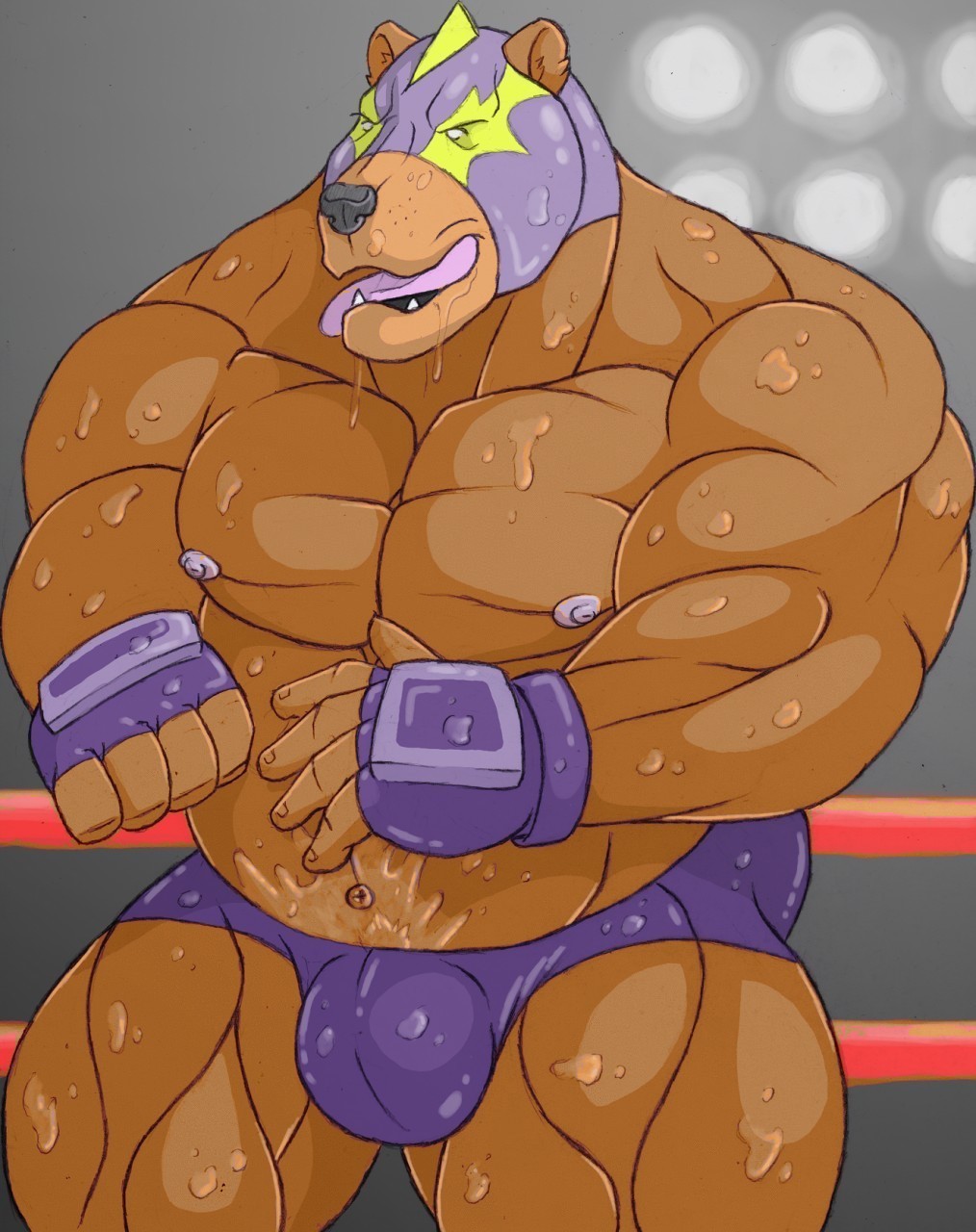 1boy anthro bear biceps black_nose bulge clothed clothing cum cum_on_body drooling el_rayo_volibear fur gloves huge_muscles league_of_legends male male_only mammal manly mask musclechub muscular muscular_male pecs saliva solo topless video_games volibear