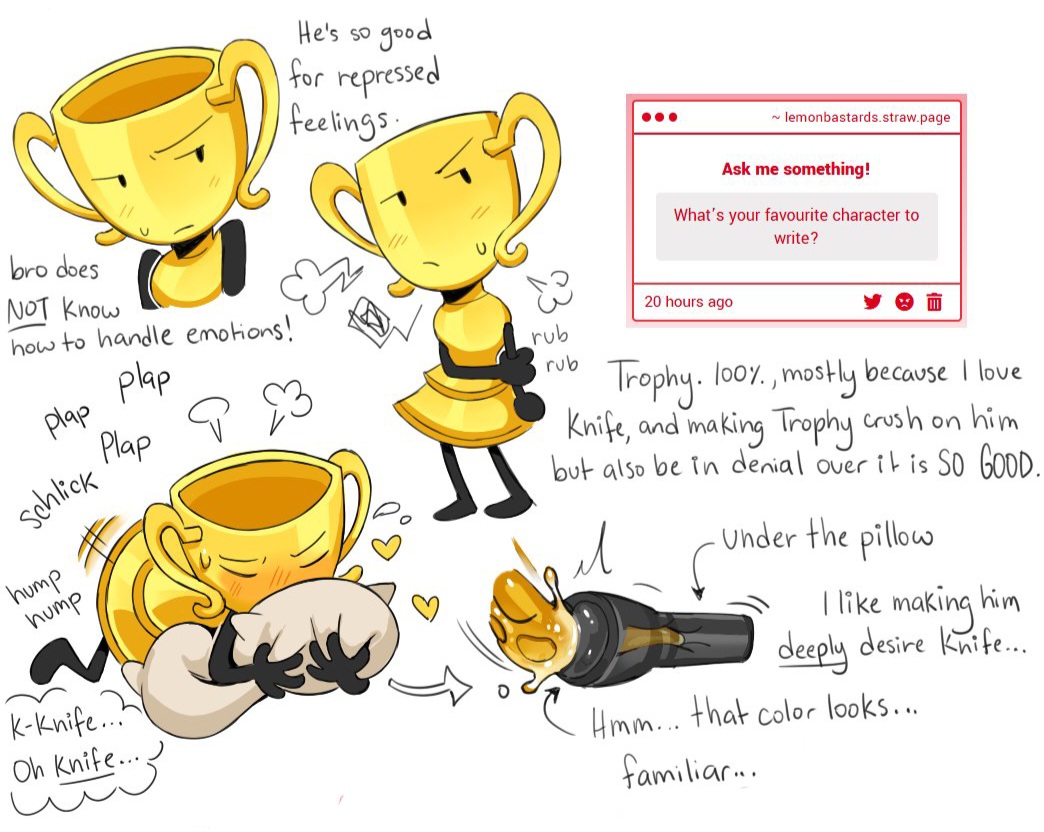 adamationz cum fleshlight inanimate_insanity lemonbastards object_shows osc pillow pillow_humping tentacle_penis trophy_(ii)