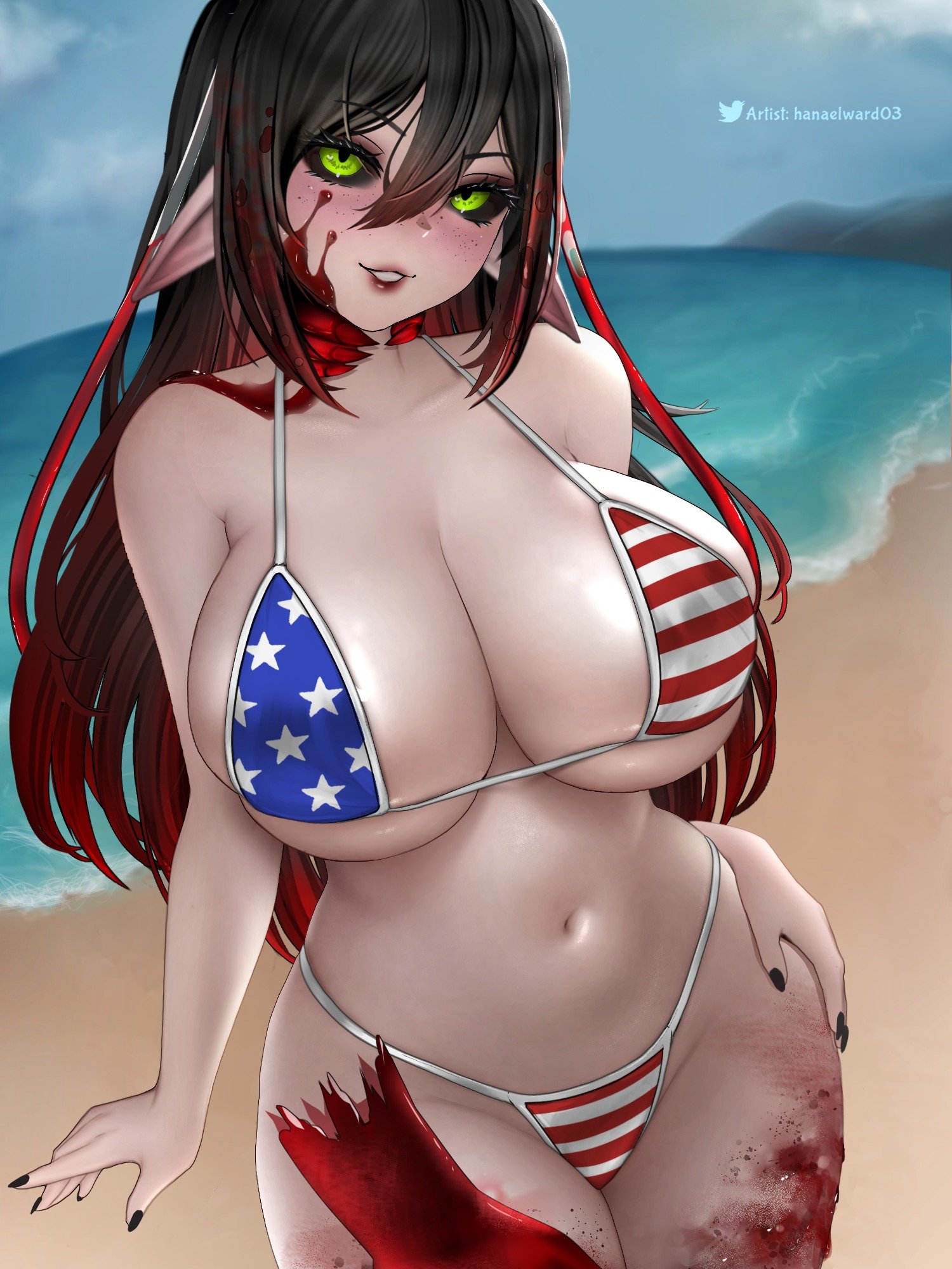 1girl, 1girls, alternate breast size (larger), american flag, american flag bikini, american flag print, beach, big breasts, bikini, black hair, black sclera, blood, blood on face, blush, breasts, cleavage, colored sclera, colored skin, commentary, curvy, english commentary, female, flag print, flag print bikini, freckles, gradient hair, green eyes, hair between eyes, hanael ward, highres, huge breasts, indie virtual youtuber, large breasts, layna lazar, long hair, looking at viewer, multicolored hair, navel, outdoors, pointy ears, print bikini, red hair, solo, swimsuit, thighs, tits, virtual youtuber, vtuber, water, wide hips