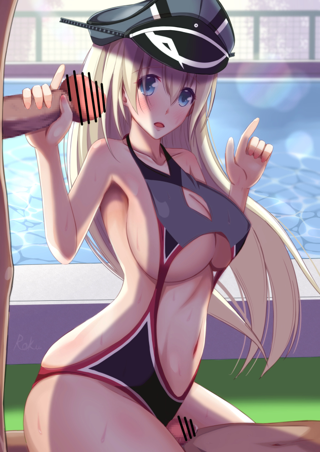 2boys bar_censor bismarck_(kantai_collection) blonde_hair blue_eyes blush censored female group_sex handjob highleg highleg_swimsuit kantai_collection long_hair looking_at_viewer midriff multiple_boys navel one-piece_swimsuit open_mouth poolside roku_(roku28) swimsuit