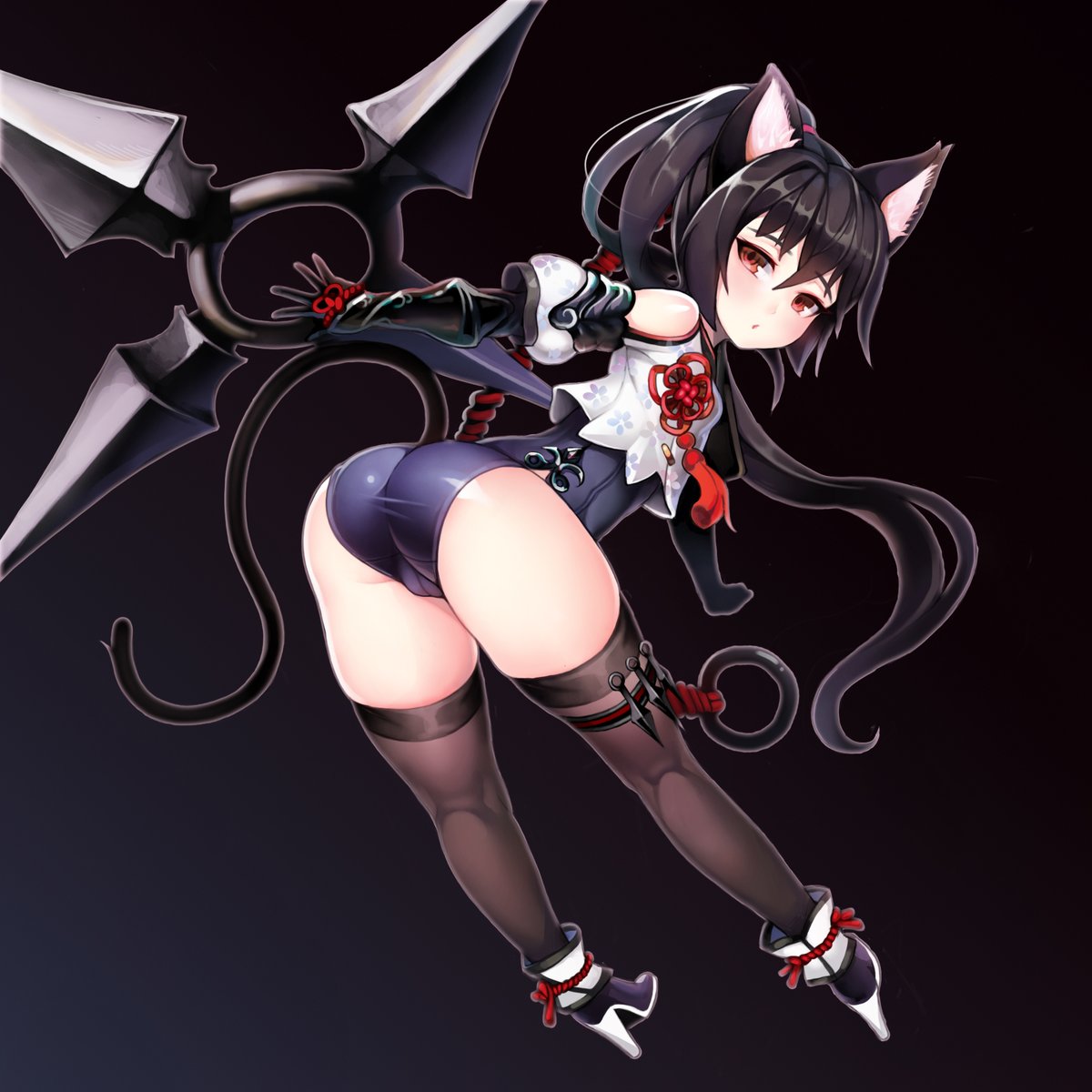 bent over, black hair, blush, cat ears, cat tail, elin, female, grimgrim, ponytail, red eyes, solo, tail, tera online, thighhighs, tied hair