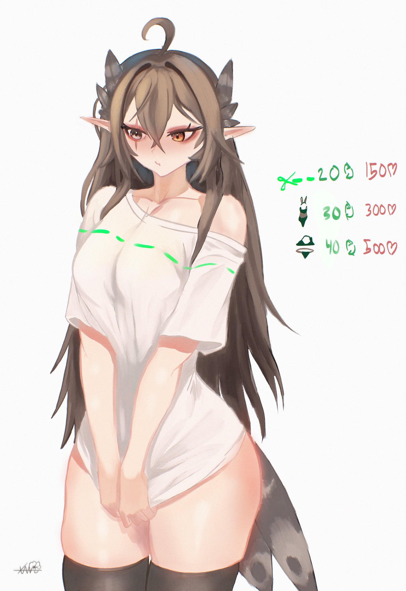 1girl ahoge averting_eyes bird_girl bird_tail black_thighhighs blush bowen_xand49316 breasts brown_feathers brown_hair feather_hair_ornament feathers grey_eyes hair_ornament heterochromia highres indie_virtual_youtuber kumi_(vtuber) long_hair looking_down orange_eyes pointy_ears scar scar_across_eye scar_on_face shirt solo standing tail thighhighs thighs twitter_strip_game virtual_youtuber white_background white_shirt