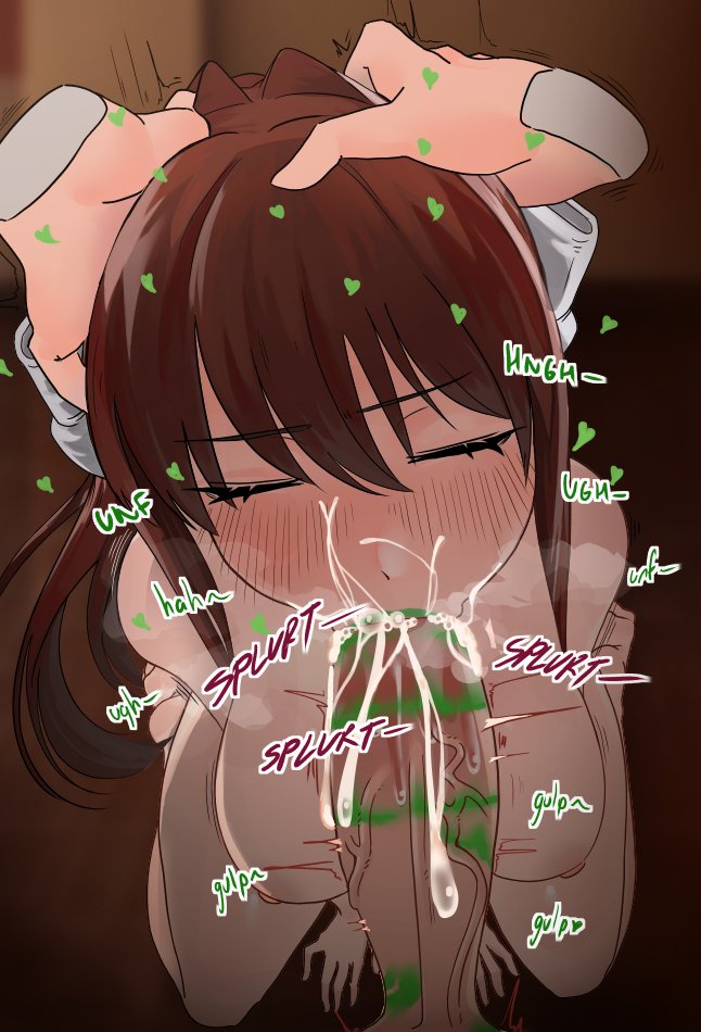 :>=, 1boy, 1girls, blowjob face, blush, brown hair, cum, cum in mouth, cum inside, doki doki literature club, exspiravitbag, eyes closed, fellatio, female, head grab, kneeling, lipstick, lipstick on penis, lipstick ring, male, male pov, monika (doki doki literature club), nude, oral, ponytail, pov