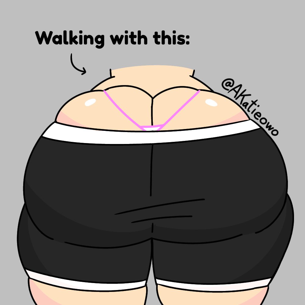 akatieowo arrow_pointing_to_ass ass ass_focus big_ass bottomwear bottomwear_halfway_down fat_ass female self_insert shorts string_bikini text thick_thighs thong underwear
