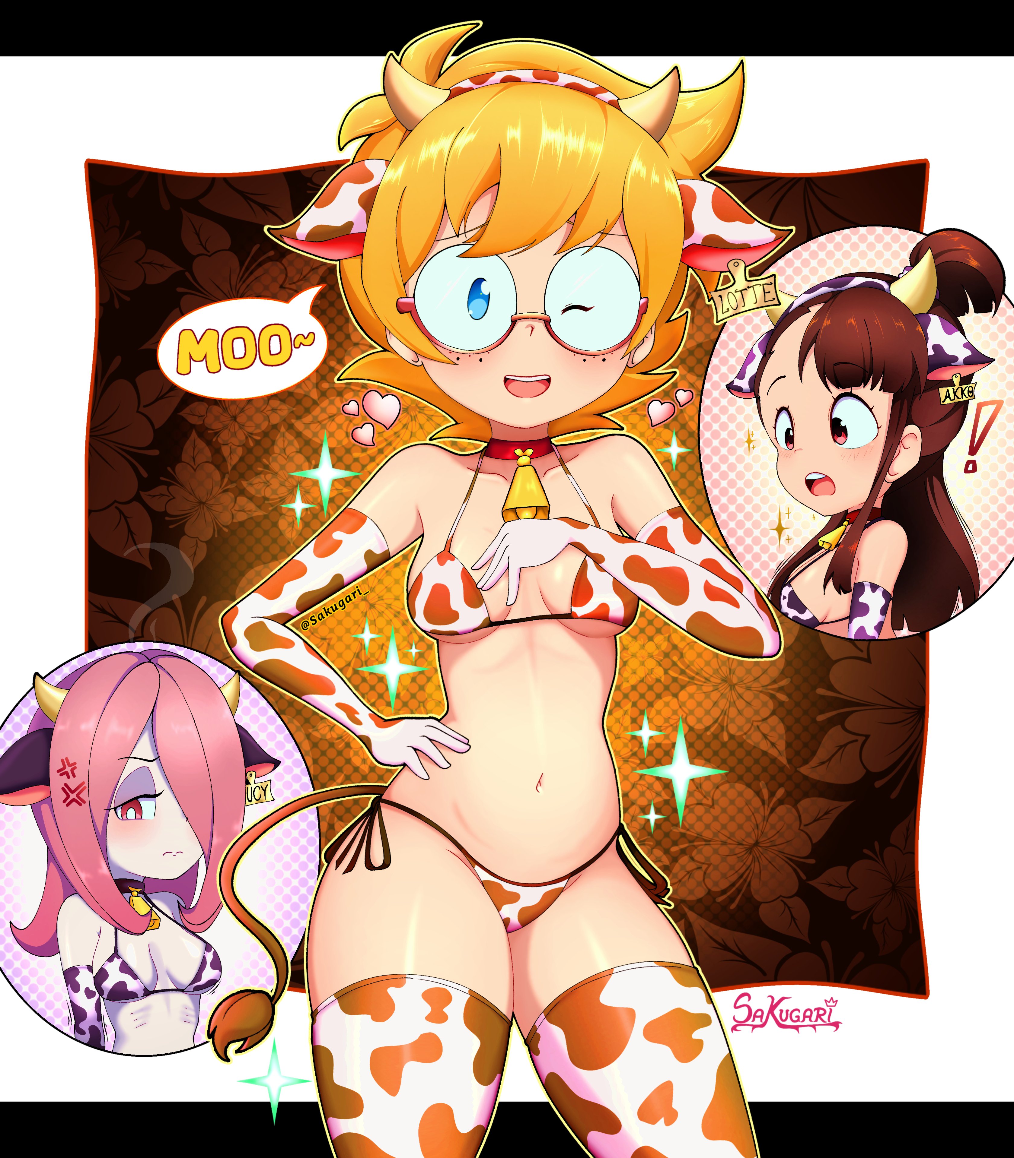 3girls, atsuko kagari, big ass, breasts, brown hair, cow girl, cow girl outfit, cow horns, cow print, cow print armwear, cow print bikini, cow print legwear, cow stockings, ear tag, embarrassed, fake cow horns, fake horns, female, female only, female protagonist, glasses, human, little witch academia, long hair, lotte jansson, orange hair, studio trigger, sucy manbavaran, thick thighs, witch