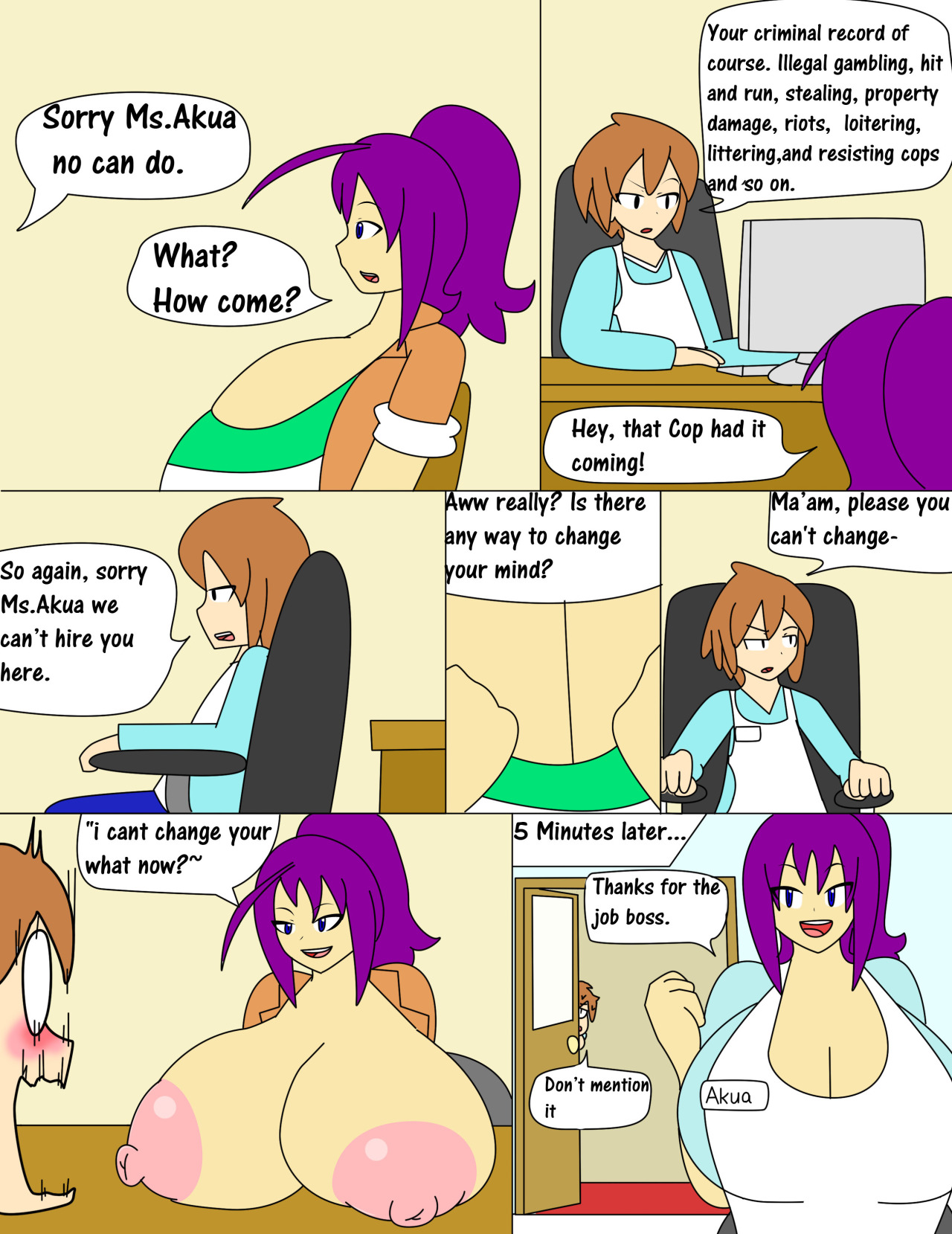 akua (igphhangout), blue eyes, breasts, comic, dialog, female, flashing, huge breasts, igphhangout, large breasts, nude, original, original character, purple hair, text, uniform