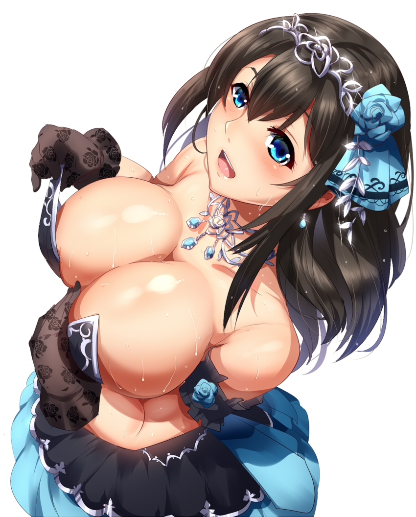 1girls bare_shoulders black_hair blue_eyes blush breast_hold breasts cleavage dress female hair_ornament highres huge_breasts idolmaster idolmaster_cinderella_girls long_hair no_bra open_mouth sagisawa_fumika solo sweat tagme umakatsuhai undressing