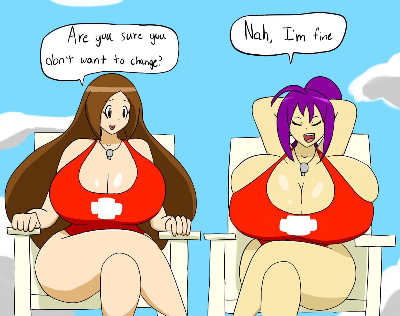 akua (igphhangout), armpits, breasts, brown hair, bursting breasts, female, huge breasts, igphhangout, large breasts, lifeguard, original, original character, purple hair, swimsuit, titania (igphhangout), wide hips