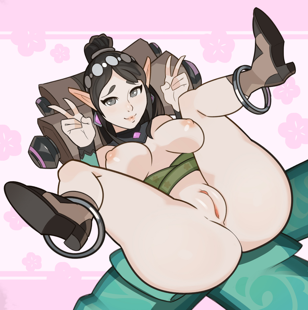 1girls, 2016, anklet, areolae, ass, big ass, black hair, boots, breasts, double v, elf, female, female focus, female only, footwear, gesture, hairless pussy, hi-rez studios, high heel boots, humanoid, large breasts, light skin, light-skinned female, looking at viewer, nipples, nude, paladins, pale, plump labia, pointy ears, pussy, solo, splashbrush, spread legs, tagme, v, ying (paladins)