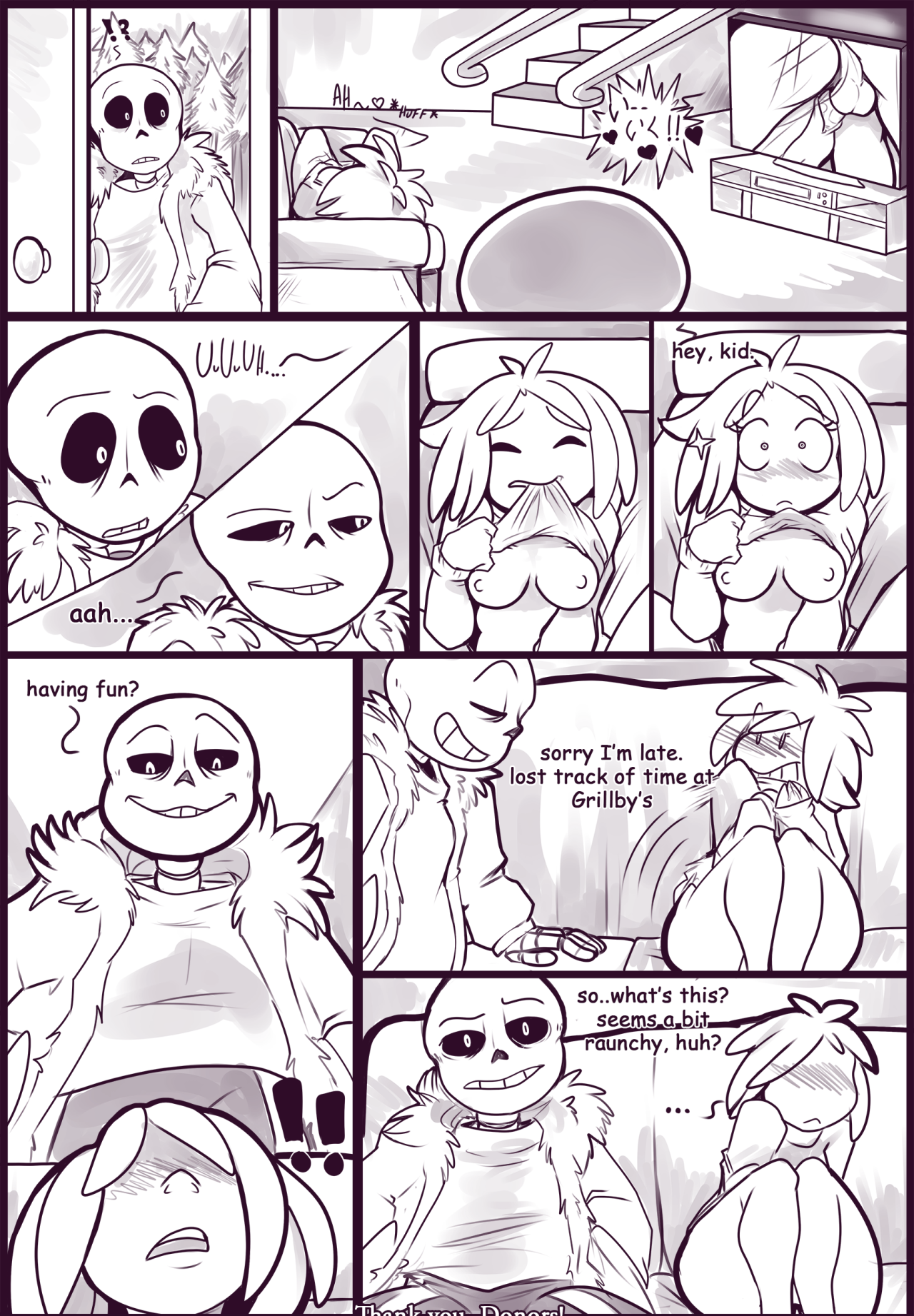 !, 1boy, 1girls, ass, awkward, big ass, blush, breasts, busted, caught, clothes, clothing, comic, female, frisk, human, kayla-na, male, masturbation, moaning, monochrome, monster, movie night (kayla-na), sans, sansscham, shirt lift, skeleton, text, thighs, undertale