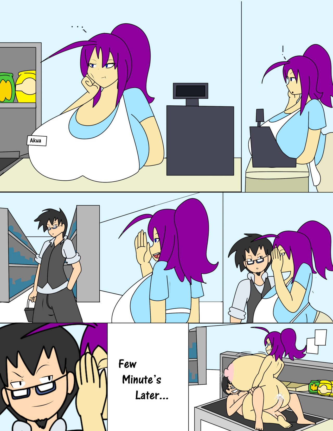 1boy, 1girls, akua (igphhangout), anal, ass, black hair, blue eyes, bored, breasts, breasts bigger than head, comic, cowgirl position, cum, cum in ass, female, gigantic breasts, glasses, huge breasts, igphhangout, lactation, male, nude, original, original character, ponytail, public, purple hair, sex, small sub big dom, tied hair