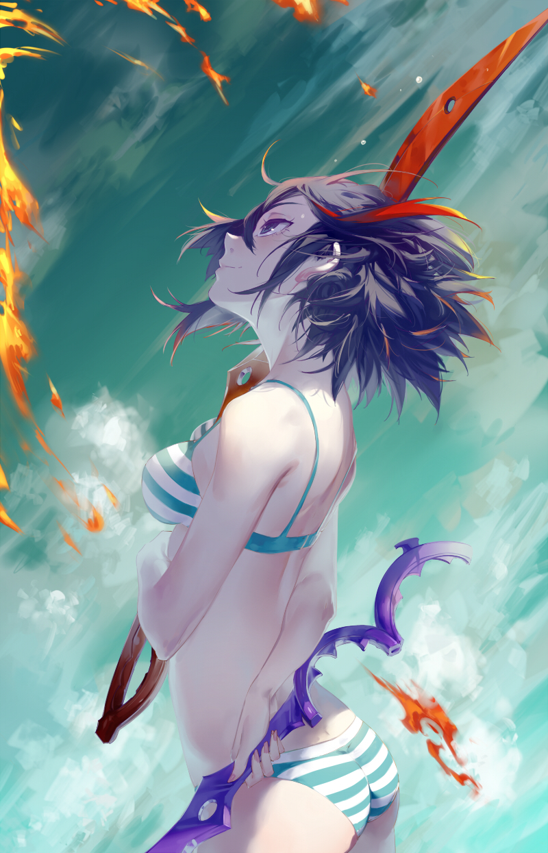 1girls, adult swim, black hair, black-haired female, breasts, cici (pixiv), clouds, color, female, female only, fire, human, kill la kill, light skin, light-skinned female, matoi ryuuko, medium breasts, pale skin, pale-skinned female, short hair, sky background, smile, solo, standing, sword, toonami, underwear, weapon