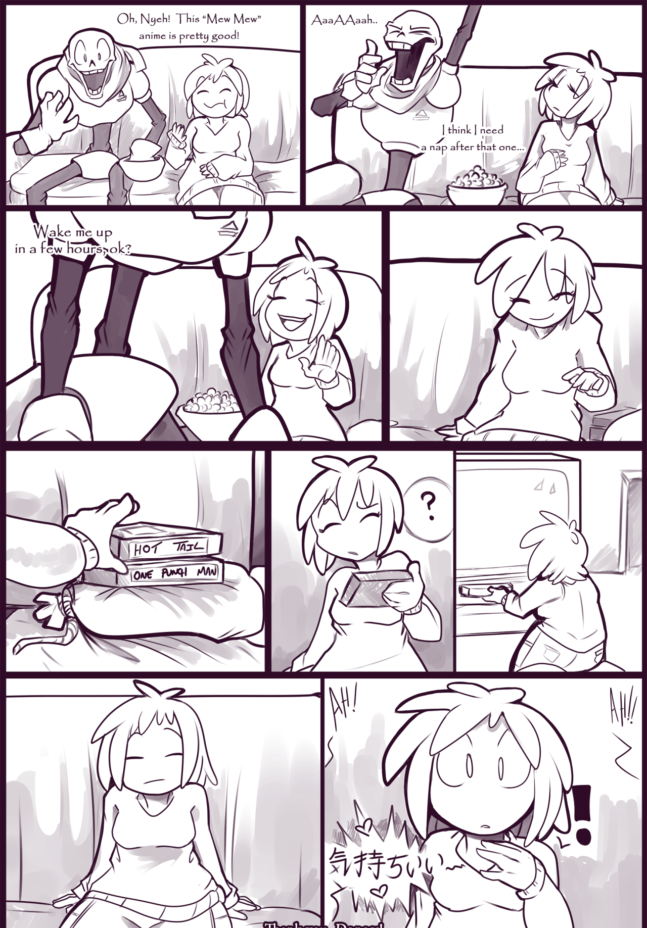black and white, clothed, clothing, comic, frisk, hearts, kayla-na, monster, movie night (kayla-na), papyrus, safe, sansscham, skeleton, undertale