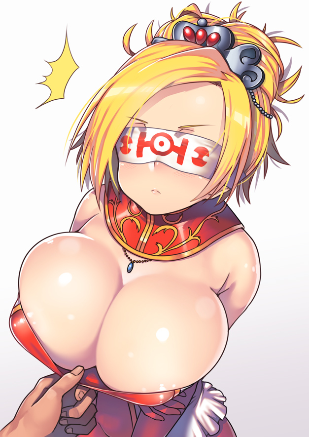 areola, bare shoulders, blindfold, blonde hair, breasts, bursting breasts, cleavage, female, from above, huge breasts, nagase haruhito, short hair, solo focus, tagme, white background