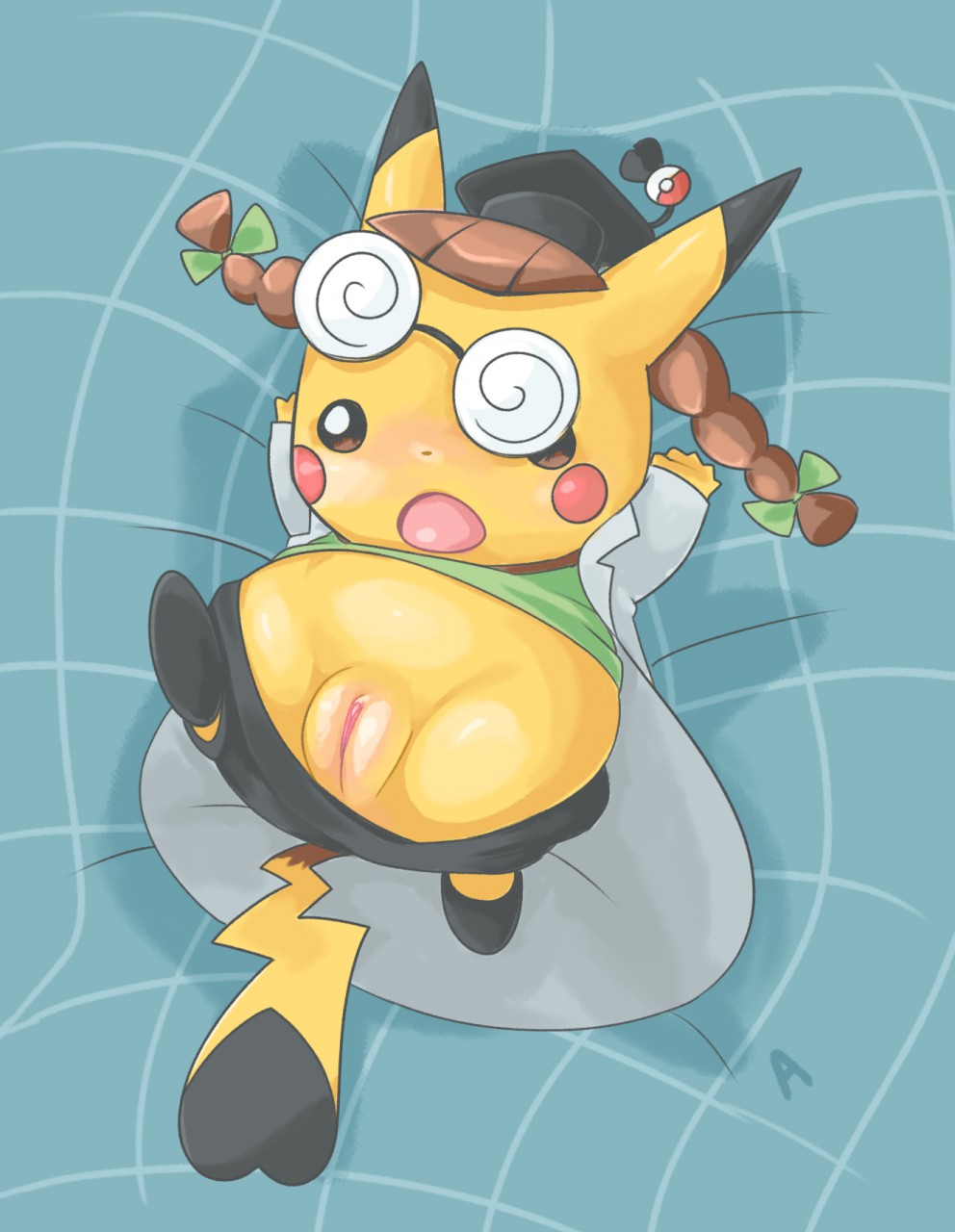 1girls ass bed_sheet bedding brown_eyes brown_hair cleft_tail clitoris clothed clothing cosplay_pikachu cute eyewear female furry glasses nintendo open_mouth pants_down partially_clothed pikachu pikachu_ph._d pokemon pussy rodent slimefur solo tail text tied_hair twintails video_games