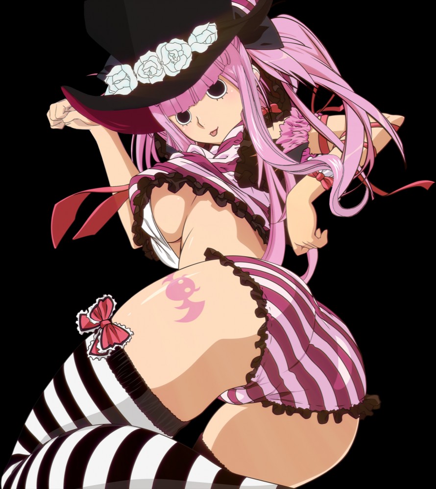 :p, 1girls, ass, ass tattoo, bat tattoo, black background, black eyes, black legwear, blush, breasts, clothes, female, female only, hat, large breasts, leg tattoo, legs, legwear, looking at viewer, looking back, one piece, panties, perona, pink hair, pink panties, pink tattoo, pink-haired female, rose, shiny, shiny skin, solo, striped, striped legwear, striped panties, tattoo, thigh highs, tongue, tongue out, twintails, white legwear