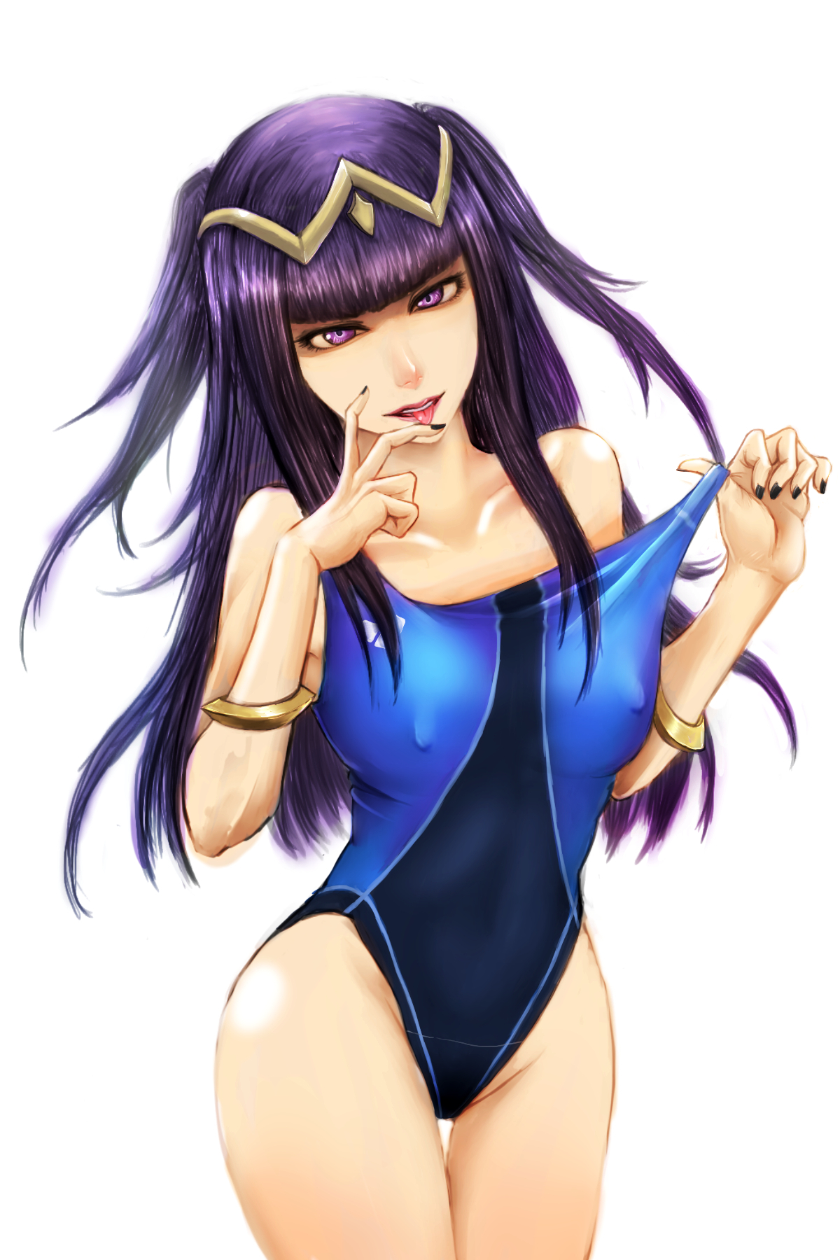 1girls, blue swimsuit, bracelet, breasts, competition swimsuit, covered nipples, erect nipples, female, female only, finger licking, fire emblem, fire emblem awakening, hips, jewelry, large breasts, looking at viewer, nail polish, nintendo, nipples, one-piece swimsuit, pocari66, purple eyes, purple hair, solo, swimsuit, tharja (fire emblem), tongue, tongue out