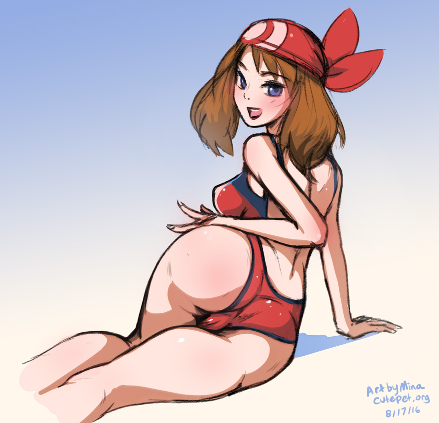 1girls, brown hair, brown-haired female, female, human, human only, may (pokemon), minacream, one-piece swimsuit, pokemon, presenting, solo