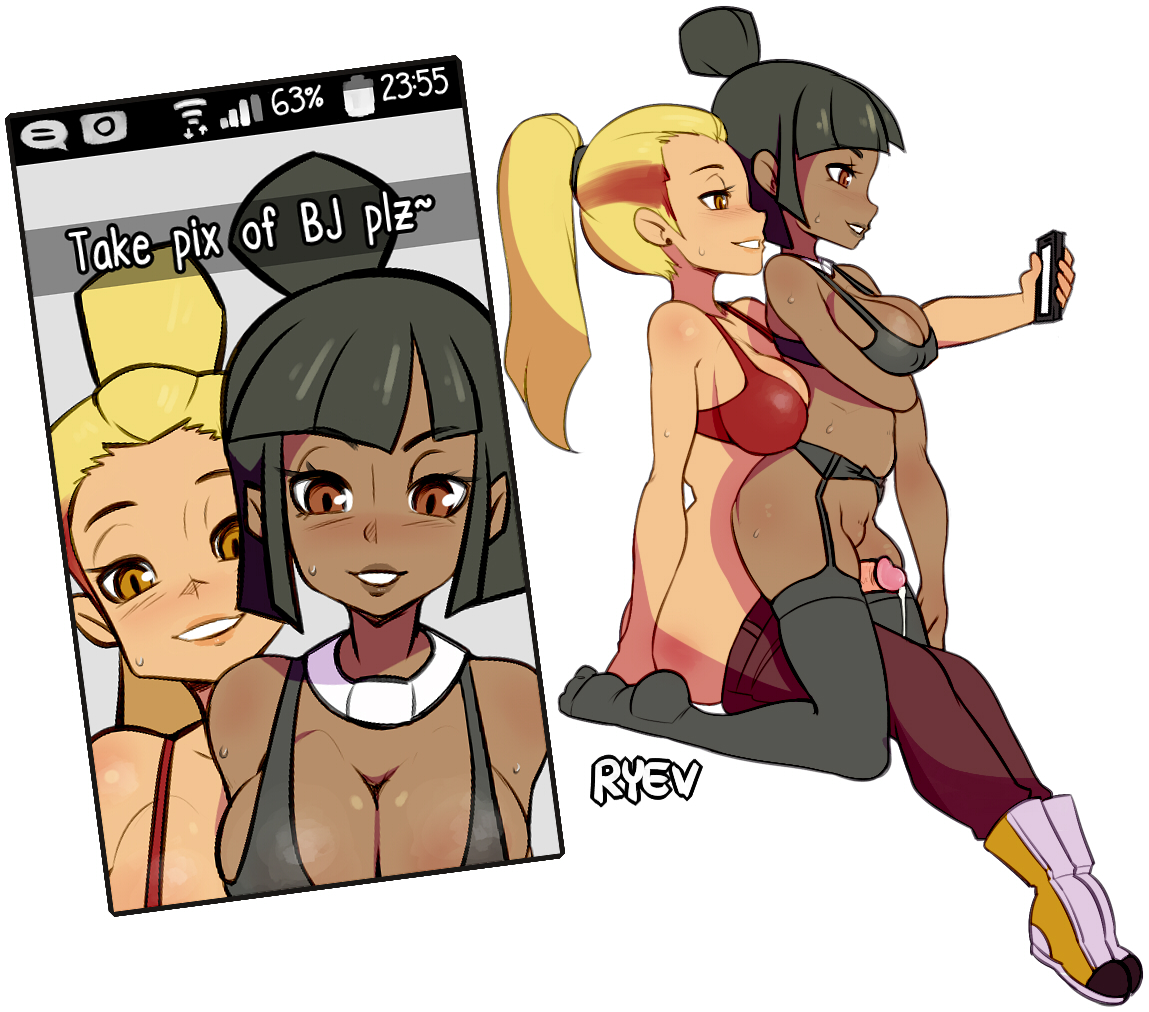 1girls, analiss oc, athorment oc, barely clothed, big breasts, black hair, blonde hair, bottomless, bra, breasts, brown eyes, cleavage, cowgirl position, cum, dark ryev, dark skin, dark-skinned female, erection, female, female on futa, futa with female, futanari, hips, interracial, intersex, jae (analiss), long hair, looking at viewer, multiple females, multiple girls, neferi (athorment), original character, penis, photo, ponytail, ryev, small breasts, smile, snapchat, stockings, thighhighs, thighs, tied hair, wide hips