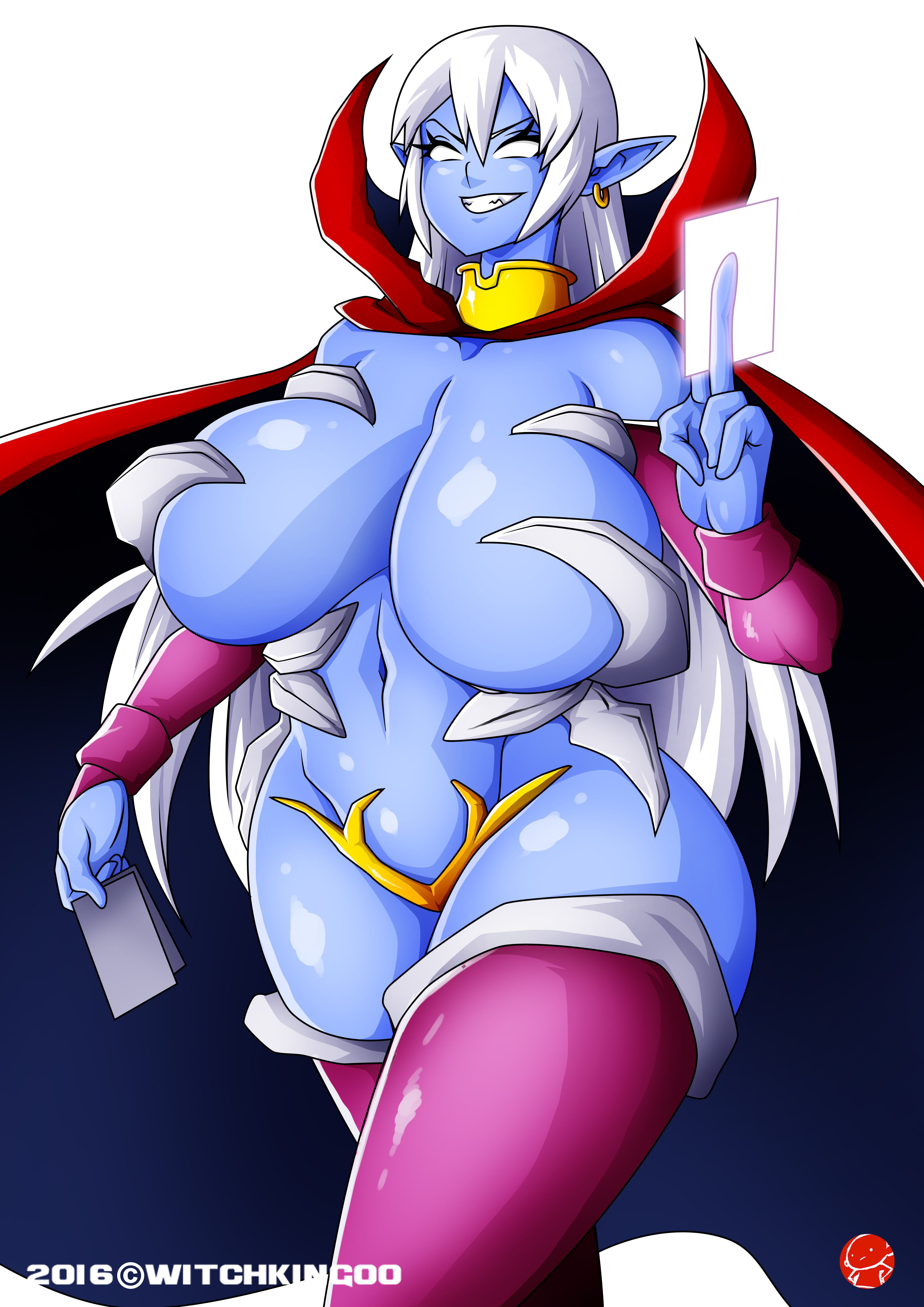 1girls, armor, big breasts, blue skin, breasts, bridal gauntlets, busty, cape, cards, clothed, commission, convenient censoring, dark elf, dark queen of the shadow elves, defiant, detached sleeves, earring, elf, evil, female, gold, gold jewelry, huge breasts, impossible clothes, long hair, magic, manaworld, navel, purple skin, queen, shadow elf, smile, smirk, solo, standing, syx, thick thighs, unconvincing armor, voluptuous, white eyes, white hair, witchking00, zettai ryouiki