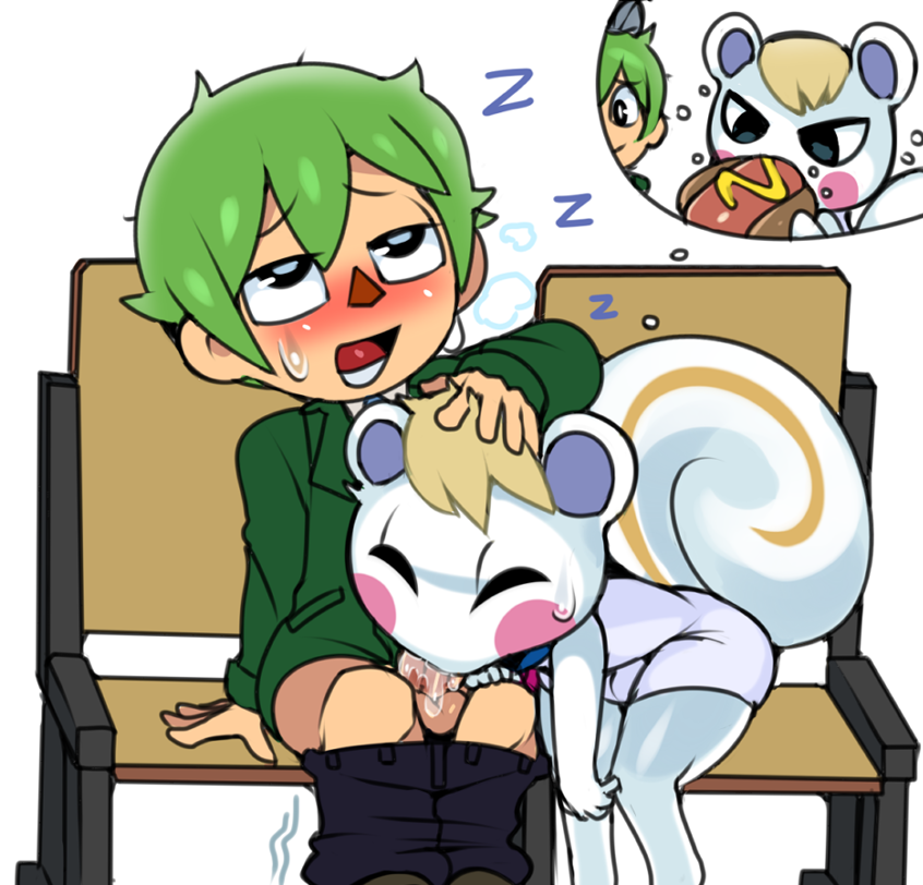 1boy 1girls animal_crossing anthro balls blonde_hair blowjob blush captain_kirb chair clothed clothing cum cum_in_mouth cum_in_throat cum_inside cute deep_blowjob deepthroat duo eating fellatio female food fur green_hair hair hot_dog human human_on_anthro hungry hungry_mouth innocent interspecies male mammal marshal_(animal_crossing) nintendo oral oral_sex pants_down partially_clothed penis questionable_consent rodent sex simple_background sleep_sex sleeping squirrel sweat teenager thought_bubble tricked tricked_into_blowjob tricked_into_sex unaware_fellatio video_games villager_(animal_crossing) white_background white_fur yaoi