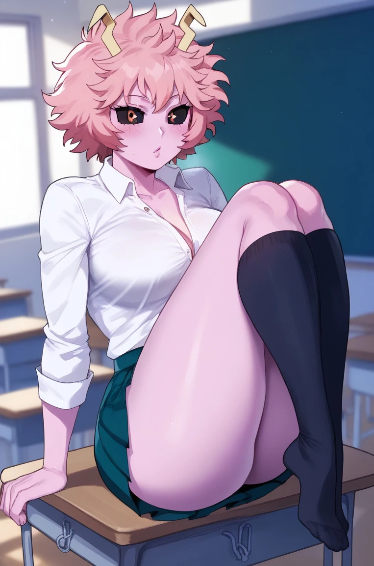 ai generated, ass, bare legs, big ass, big breasts, big butt, black eyes, blush, boku no hero academia, breasts, fat ass, female, horn, horns, huge breasts, huge thighs, looking at viewer, massive breasts, mina ashido, my hero academia, pink body, pink hair, pink skin, quillai, school uniform, schoolgirl, short hair, shounen jump, solo female, squatting, sweat, sweatdrop, thick thighs, thighs, thighs bigger than head, voluptuous, voluptuous female