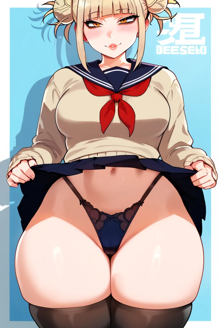 ai generated, bare legs, big breasts, blonde hair, boku no hero academia, breasts, female, female focus, hair bun, himiko toga, huge breasts, huge thighs, large breasts, light skin, light-skinned female, looking at viewer, miniskirt, my hero academia, panties, presenting pussy, pussy, quillai, school uniform, schoolgirl, shounen jump, solo female, stockings, thick thighs, thighs, thighs bigger than head, upskirt, voluptuous, voluptuous female, yellow eyes