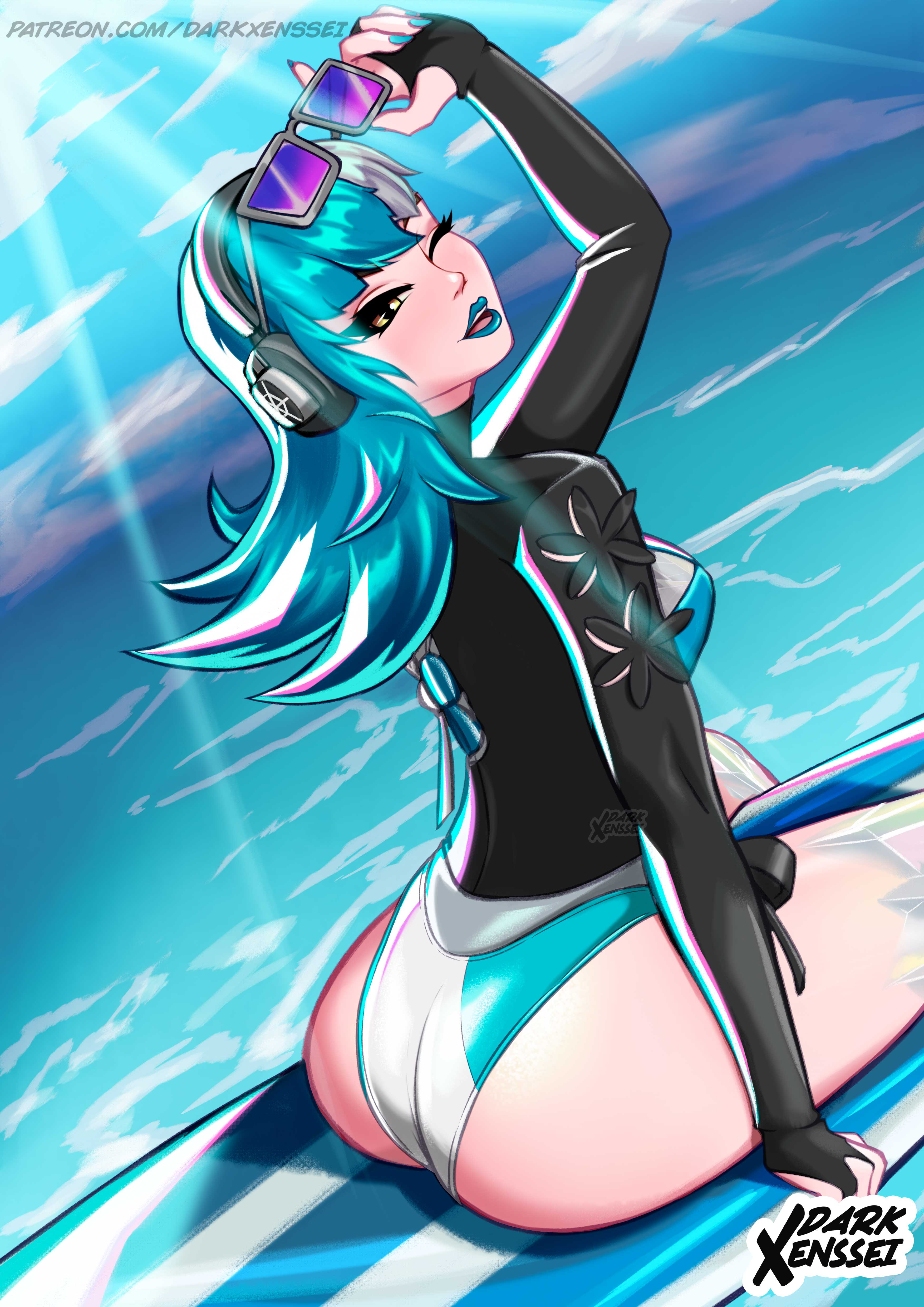 1girls, absurdres, ass, bikini, blue hair, booty, breasts, darkxenssei, female, female only, headset, highres, huge ass, long sleeves, luna snow, luna snow (cool summer), luna snow (marvel rivals), marvel, marvel comics, marvel rivals, one eye closed, original, sunglasses, swimsuit, thighs