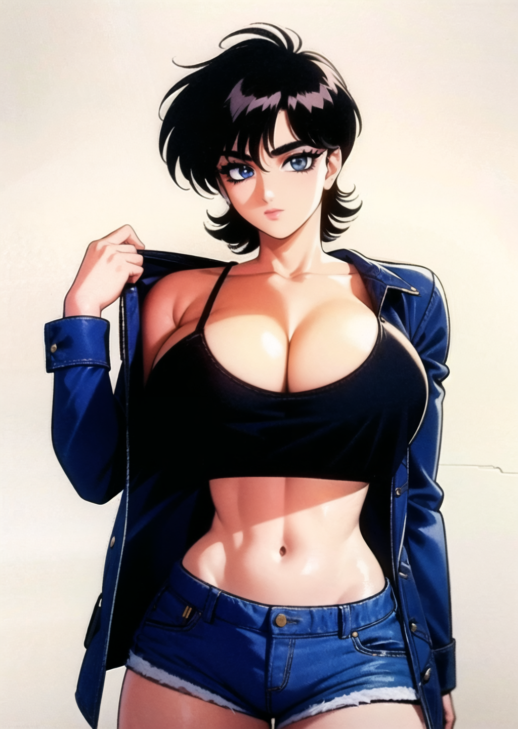 1girls ai_generated big_breasts black_hair blue_eyes breasts cleavage collarbone crop_top denim_shorts female female_only huge_breasts large_breasts lipstick looking_at_viewer midriff navel open_clothes opening_jacket pose posing removing_clothing retro_artstyle round_breasts short_hair simple_background solo solo_female stable_diffusion tampopo tank_top thin_waist tomboy unnamed_character wide_hips