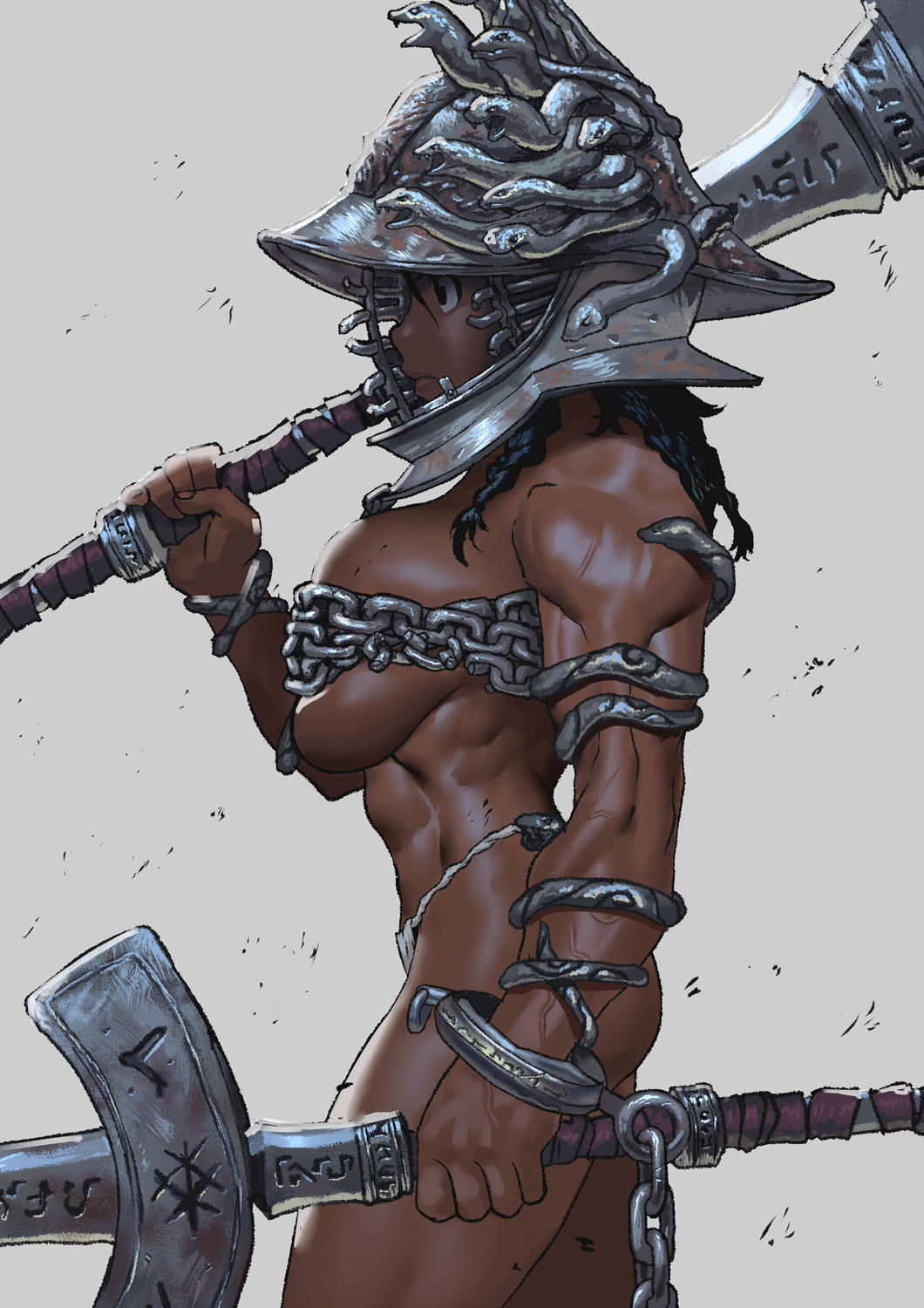 abs arung_samudra_(cessa) big_breasts breast_squeeze breasts cessa dark-skinned_female dark_skin elden_ring female female_only fromsoftware hammer huge_breasts human_female impractical_armor muscular muscular_female ribcage solo solo_female tarnished