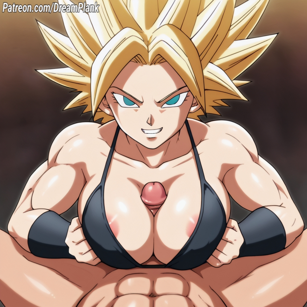 ai_generated bikini blonde_hair blue_eyes buff caulifla dragon_ball_super dreamplank muscles muscular_female paizuri smirk squeezing_breast super_saiyan titfuck titjob