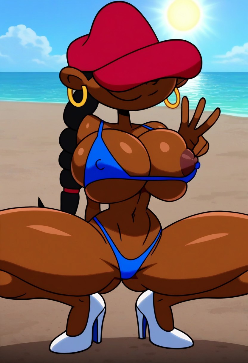 abigail_lincoln ai_generated bikini cartoon_network codename:_kids_next_door dark_skinned_female female hat high_heels huge_breasts jman23cd nipples numbuh_5 white_heels