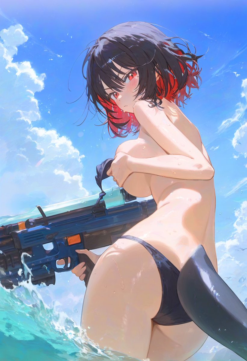 1girls ai_generated ass bare_shoulders big_breasts bikini black_bikini black_hair blue_sky blush breasts ellen_joe female kawaii_roid large_breasts light-skinned_female light_skin looking_at_viewer looking_back ocean red_eyes shark_girl shark_tail short_hair sideboob sky string_bikini swimsuit tagme wading zenless_zone_zero