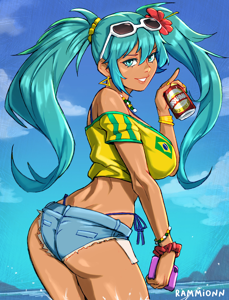 1girls accessory ass ass bare_arms bare_midriff bare_thighs blue_background blue_panties bra brazilian brazilian_miku breasts can cleavage dark-skinned_female dark_skin drink earrings female female_only green_eyes green_hair hatsune_miku holding holding_can hourglass_figure large_breasts long_hair looking_at_viewer midriff necklace panties rammionn short_shorts short_sleeves shorts smile soccer_uniform solo standing sunglasses sunglasses_on_head tank_top tanline thick_thighs thighs thong twintails underwear vocaloid wide_hips