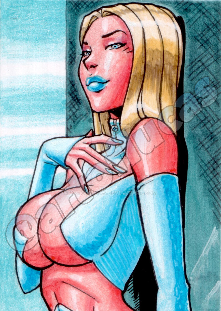 artoflucas blonde_hair blue_eyes cleavage emma_frost gigantic_breasts large_breasts marvel marvel_comics new_x-men sketch_card white_queen x-men