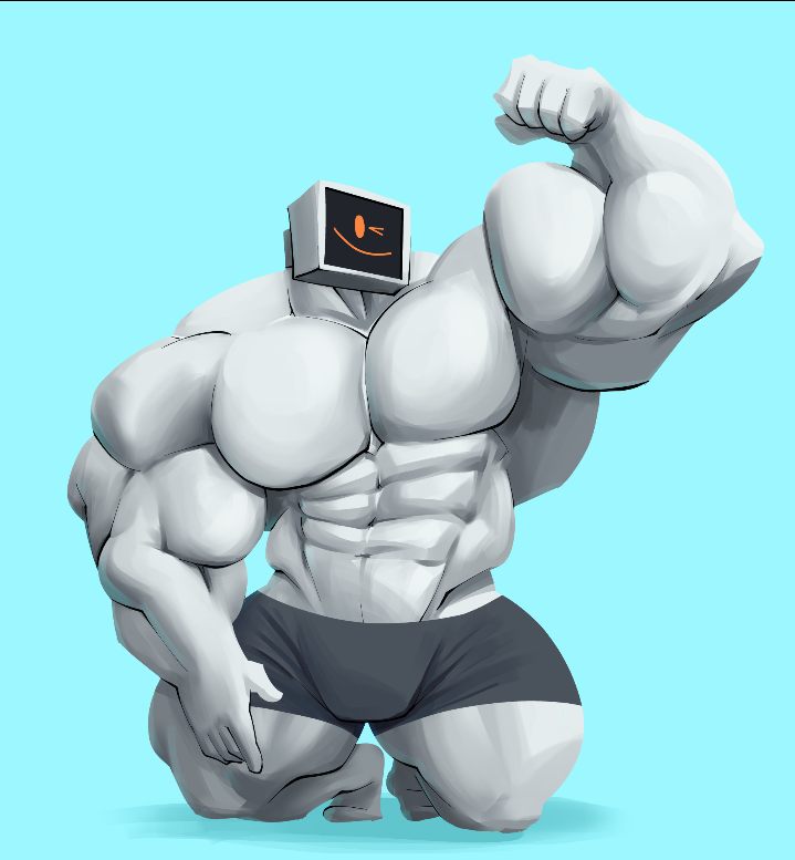 abs bara barazoku biceps bulge_through_clothing cerwcerw hyper_muscles large_biceps large_pecs male_only marcus_(cerwcerw) muscles muscular_male robot simple_face tv tv_head tv_screen wink winking winking_at_viewer