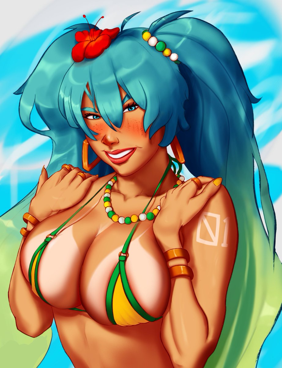 anime_style big_breasts big_nipples bikini blue blue_eyes bra brazil brazilian brazilian_female brazilian_miku breast_squeeze breast_squish breasts breasts_out ear_ring earrings flower flower_in_hair gold_(metal) gold_jewelry hair hatsune_miku himerostechne huge_breasts jewelry robot_girl sexy_pose smile smiling smiling_at_viewer squished_breasts tan-skinned_female tan_body tan_skin tanned twintails vocaloid