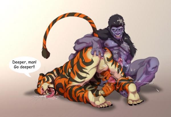 anthro anus ape balls cum erection feline gorilla kupopo male mammal masturbation muscular nipples penis primate tiger yaoi